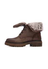 Botas de tobillo de cuero marrón con un cuello de pelo sintético, cierre con cordones en la parte delantera, suela texturizada para agarre y puntera redondeada. Presentan acentos de costura.