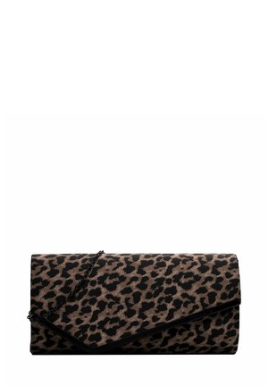 Leopard print clutch bag with a soft texture, black accents, and a chain strap. Rectangular shape, featuring an angled flap closure.