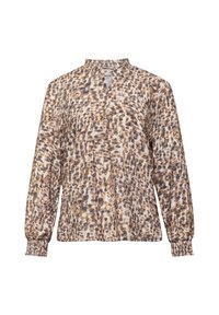 Langärmlige Bluse aus leichtem Stoff mit braun-beigen Leopardenprint, hohem Kragen und gerafften Bündchen für mehr Struktur.