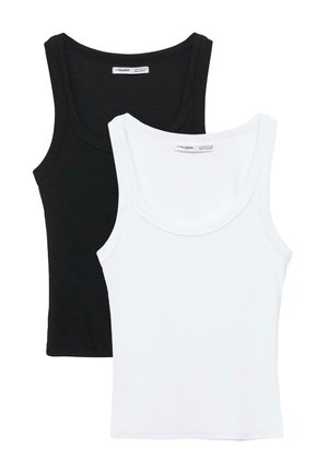 Deux débardeurs sans manches en tissu côtelé, un noir et un blanc, empilés avec le blanc sur le dessus, montrant des encolures arrondies et des étiquettes à l'intérieur des cols.
