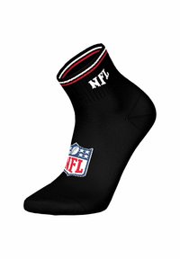 Calzino nero alla caviglia con logo NFL sulla parte superiore e testo "NFL" sul risvolto, con strisce rosse e bianche in alto.