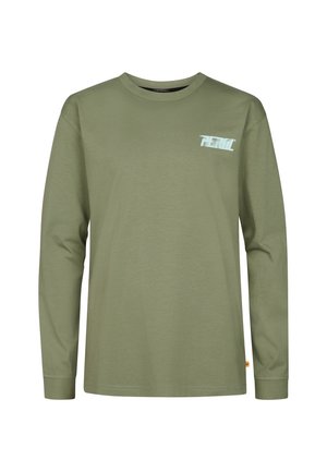 Langärmliges T-Shirt in Olivgrün, aus weicher Baumwolle. Verfügt über ein kleines Logo oben links und gerippte Bündchen.