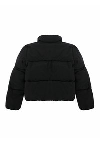 Czarna krótka kurtka puchowa z wysokim kołnierzem, grubym wypełnieniem i detalami w postaci szwów na plecach, o gładkiej, matowej teksturze.