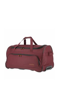 Maroon duffel bag with dual zippered compartments, reinforced handles, and durable wheels for easy transport. Features travelite branding.