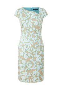 Beiges Kleid mit kurzen Ärmeln, taillierter Silhouette, mit einem weißen und grünen Blattmuster. Reißverschluss hinten, glatte Textur.