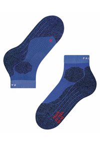 Calcetines azules con textura acanalada, acentos de patrón hexagonal, suelas acolchadas y detalle de tamaño impreso en rojo.