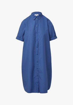 Modrá, krátkorychlá šaty s gombíkmi na prednej strane, klasickým golierom a rolovanými rukávmi vyrobené z ľahkej látky. Má voľný strih.