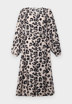 Leopardenmusterkleid in Beige mit schwarzen Flecken, langen Puffärmeln, einem gebundenen Taillengürtel und einem knielangen A-Linien-Rock. Weicher Stoff.