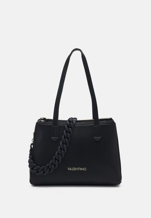 Black Valentino handbag with two thin handles, a thick braided strap, and gold logo on the front against a white background.