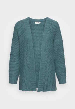 Turkooisblauwe gebreide cardigan met gestructureerd patroon, open voorkant, lange mouwen en geribbelde manchetten, met het label small size van Molly Bracken.
