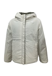 Giacca a vento chiara con cappuccio, caratterizzata da un design trapuntato, chiusura lampo frontale e due tasche laterali. Il materiale sembra liscio e sintetico.