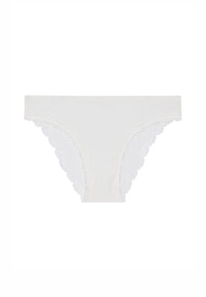 White cotton panties with scalloped lace trim around the waistband and leg openings. Soft texture, lightweight design, and no visible patterns.