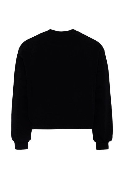 Sweatshirt noir court avec un col rond, des manches longues et des poignets côtelés. Présente une texture lisse sans motifs ni accents visibles.