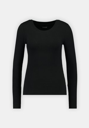 Black long-sleeve shirt made of ribbed fabric. Features a round neckline and fitted silhouette. Simple design without patterns or accents.