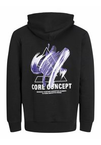 Felpa nera con cappuccio realizzata in tessuto morbido, caratterizzata da un grande design grafico astratto in viola e bianco e la scritta "CORE CONCEPT" sul retro, tasca a marsupio.