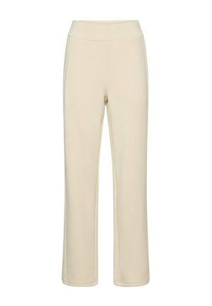 Pantalon en tissu stretch beige avec une large taille haute. Coupe droite sans poches ni éléments décoratifs. Texture lisse.