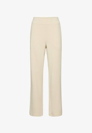 Pantalon en tissu stretch beige avec une large taille haute. Coupe droite sans poches ni éléments décoratifs. Texture lisse.