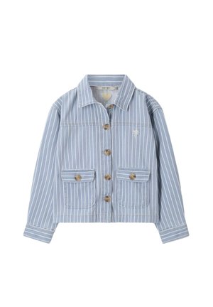 Veste en denim bleu clair avec des rayures blanches verticales, des boutons marron sur le devant, deux poches à rabat boutonnées, et une petite broderie de palmier sur la poitrine.