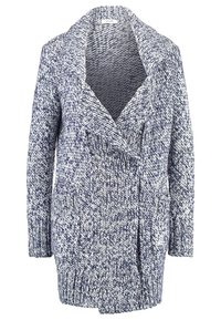 Stickad cardigan med sjalkrage, med ett marinblått och vitt melerat mönster, två framfickor och en avslappnad passform. Mjuk textur.