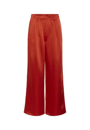 Wide-leg trousers in bright red satin fabric, featuring front pleats, a high waist, and a smooth texture. No visible hardware or patterns.