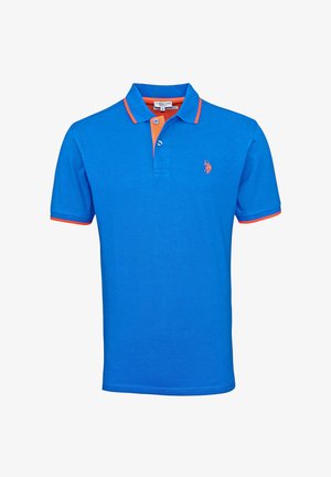 Blue polo shirt with orange accents on the collar and sleeves. Features three buttons and a small logo detail on the chest. Cotton material.