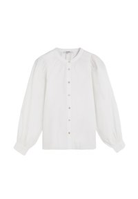 Blusa blanca hecha de una tela suave. Cuenta con mangas largas abullonadas, un cuello redondo y un frente con botones que se abotona, decorado con pequeños botones de color claro.