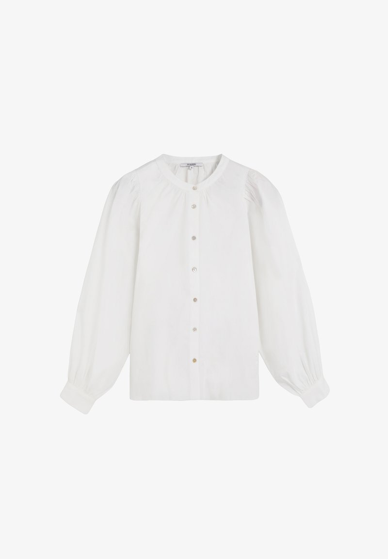 White blouse made of smooth fabric. Features long, puffed sleeves, a round neck, and a button-down front with small, light-colored buttons.