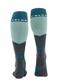 Kniestrümpfe mit einem Farbdesign in Türkis und Grau, geripptem Textil, verstärkter Zehenpartie und Zickzackmuster für besseren Halt.