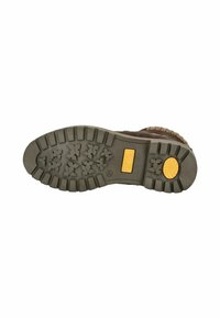 Suola di stivale da trekking marrone con un profondo e robusto motivo di battistrada e un pad di trazione giallo. Materiale leggero, progettato per offrire aderenza su vari terreni.