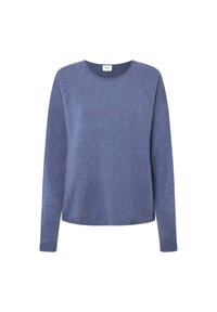 Pull bleu en maille avec un col rond, manches raglan et poignets côtelés, arborant un détail de marque subtil sur une manche.