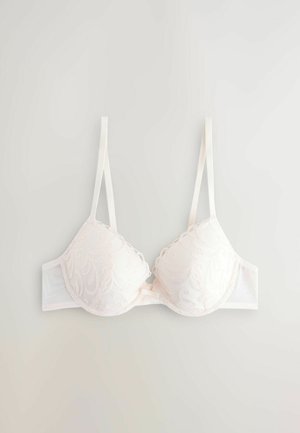 Sutien cu dantelă albă, cu suport pentru sâni, decorat cu un model floral delicat, bretele ajustabile și țesătură moale. Închidere cu cârlig și ochi la spate.