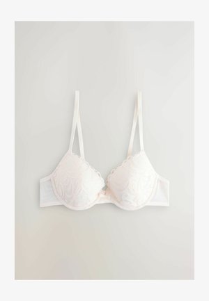 Balta nėriniuota liemenėlė su vielos palaikymu, dekoruota subtiliu gėlių raštu, su reguliuojamomis petnešomis ir minkšta tekstūra. Uždarymas su kabliu ir akute nugaroje.