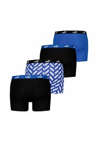 Four pairs of boxer shorts in black and blue, featuring a logo waistband and one pair with a blue and white pattern.