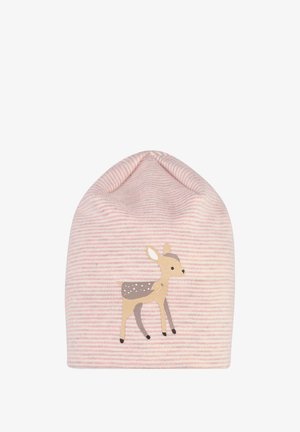 Gestreifte rosa Mütze aus weichem Stoff, mit einem bedruckten Reh-Design in Braun und Beige und weißen Flecken.