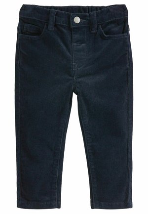 Pantalon en velours côtelé bleu marine pour tout-petit, doté d'un bouton avant, d'une fermeture éclair, de passants pour ceinture et d'un design à cinq poches.