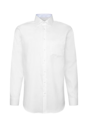 Chemise habillée blanche pour hommes à manches longues avec une poche avant et un col boutonné, présentée sur un fond blanc uni.