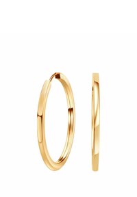 Złote kolczyki w kształcie obręczy z gładkim, polerowanym wykończeniem i minimalistycznym designem. Okrągły kształt z bezszwowym zapięciem zapewniającym bezpieczne noszenie.