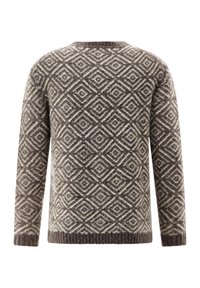 Langärmliger brauner und beiger Pullover mit einem geometrischen Rautenmuster sowie gerippten Bündchen und Saum.