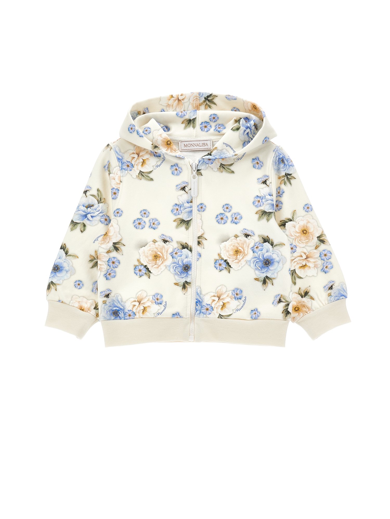 Monnalisa FIORI ALL OVER Felpa con zip ecru/celeste
