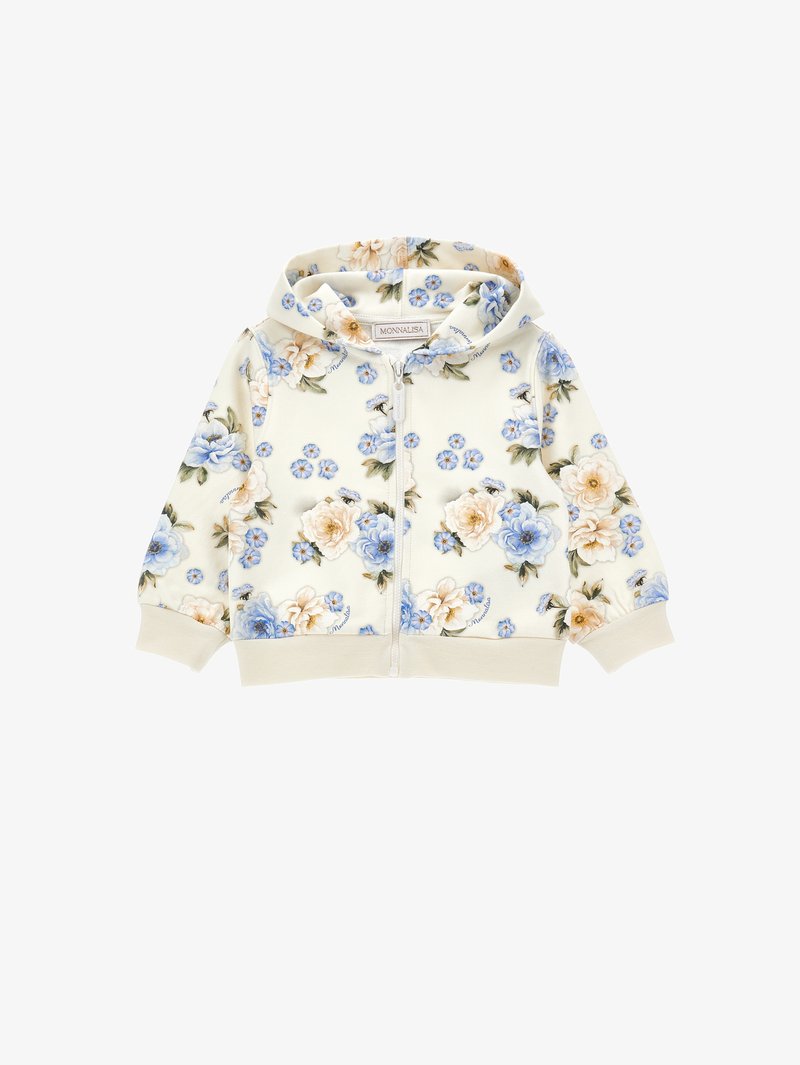 Blütenmotiv Zip-Hoodie in hellem Creme, mit blauen und beigen Blumen, weichem Stoff, langen Ärmeln und einer Kängurutasche.