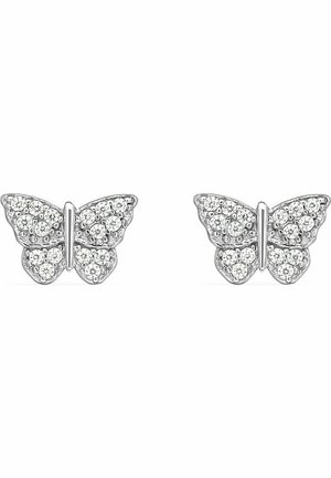 Silberne Schmetterlingsohren, verziert mit klaren, runden Kristallen, die über ein filigranes Design und eine glatte, polierte Textur verfügen.