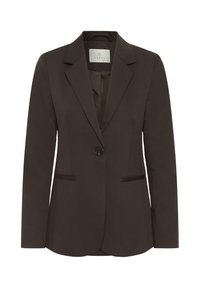 Veste ajustée marron foncé à un bouton, avec revers crantés et poches passepoilées à l'avant, entièrement doublée pour une coupe impeccable.