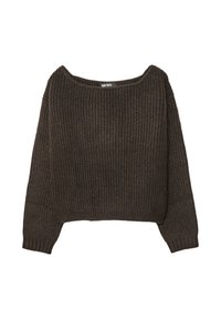 Brun ribbad stickad tröja med bred båtformad halsringning och långa ärmar. Mjuk textur och kort passform. Etikett synlig i nackområdet.