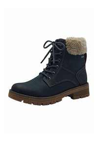 Botte ankle bleu foncé avec un col en fourrure, lacets noirs, semelle en caoutchouc avec des rainures profondes et semelle extérieure marron contrastante.