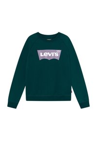 Zelená mikina s kulatým výstřihem, žebrovanými manžetami a velkým fialovým logem Levi's na přední straně. Měkký materiál a raglánové rukávy.