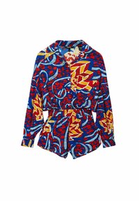 Farbiger Langarmhemd in Blau, Rot und Gelb mit einem floralen und spiralförmigen Muster, ausgestattet mit Knöpfen und einem elastischen Bund.