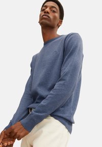 Niebieski bawełnowy sweatshirt z prążkowanym okrągłym dekoltem, długimi rękawami i subtelnym logo na piersi. Teksturowany materiał i dopasowane mankiety.