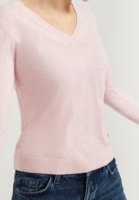 Woman wearing a light pink V-neck sweater and blue jeans against a plain light background, torso and arms visible, face partially out of frame.