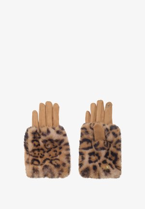 Handschoenen met luipaardprint en een zachte, lichte nep-vacht, met een comfortabele textuur, effen lichte vingertoppen en een klein goudkleurig embleem.