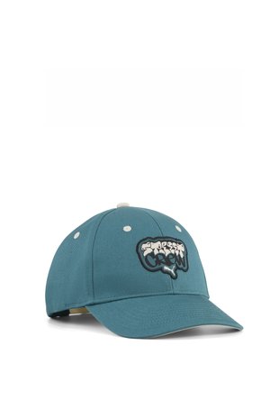 Türkisfarbener Baseballcap mit „Street Crew“ Graffiti-Stil Logo-Patch auf der Vorderseite und weißen Lüftungsösen.